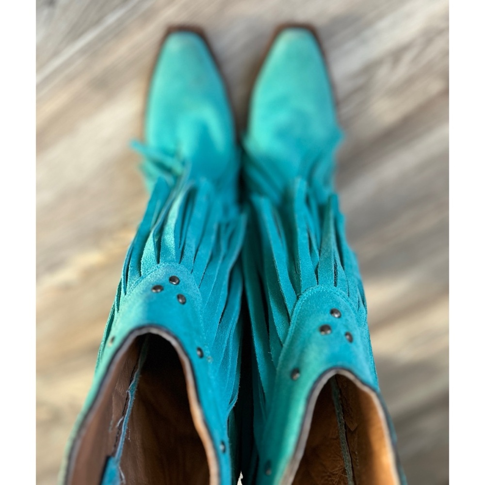 REAL Leather Tanner Mark Turquoise Fringe Cowgirl Boots sz 7 - Picture 5 of 8